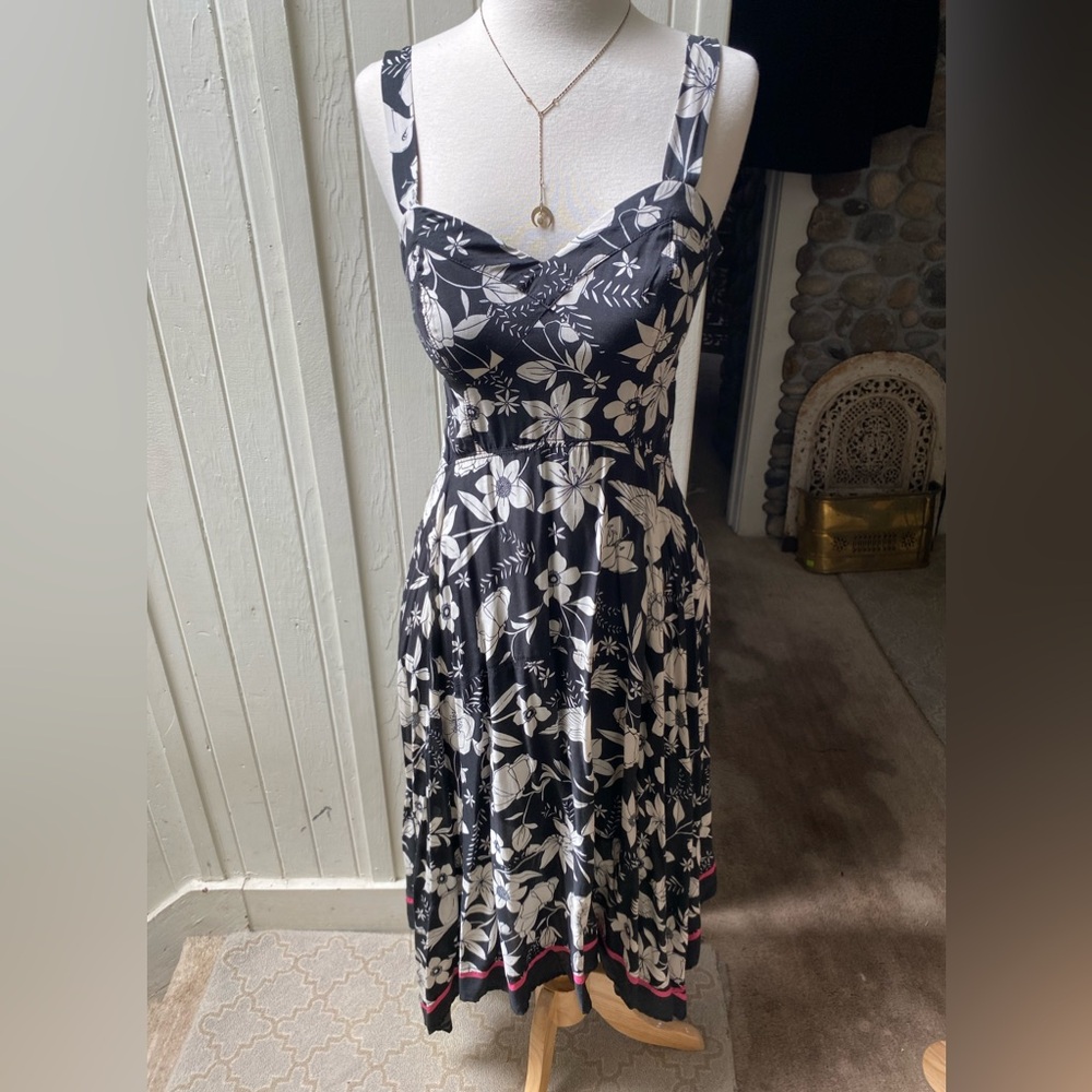 Maeve Anthropologie Floral Black and White Women's Dress with handkerchief hem